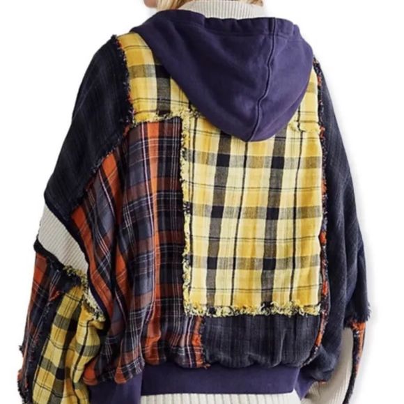 Free People Patch And Reverse Hoodie Pieced Plaid Patchwork Blue Rust Yellow Ivo - Picture 3 of 7